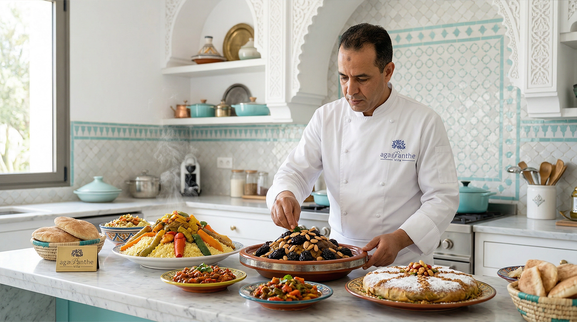Chef marocain dressant un tajine, un couscous et une pastilla dans une cuisine blanche lumineuse à la Villa Agapanthe Fès