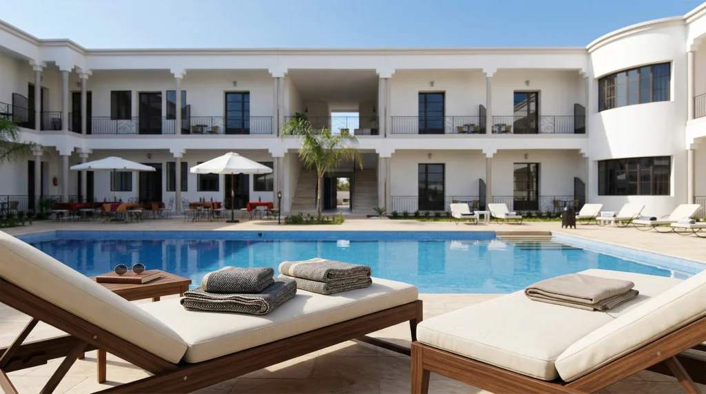 Terrasse avec transats face à la piscine de la Villa Agapanthe maison d’hôtes à Fès Maroc
