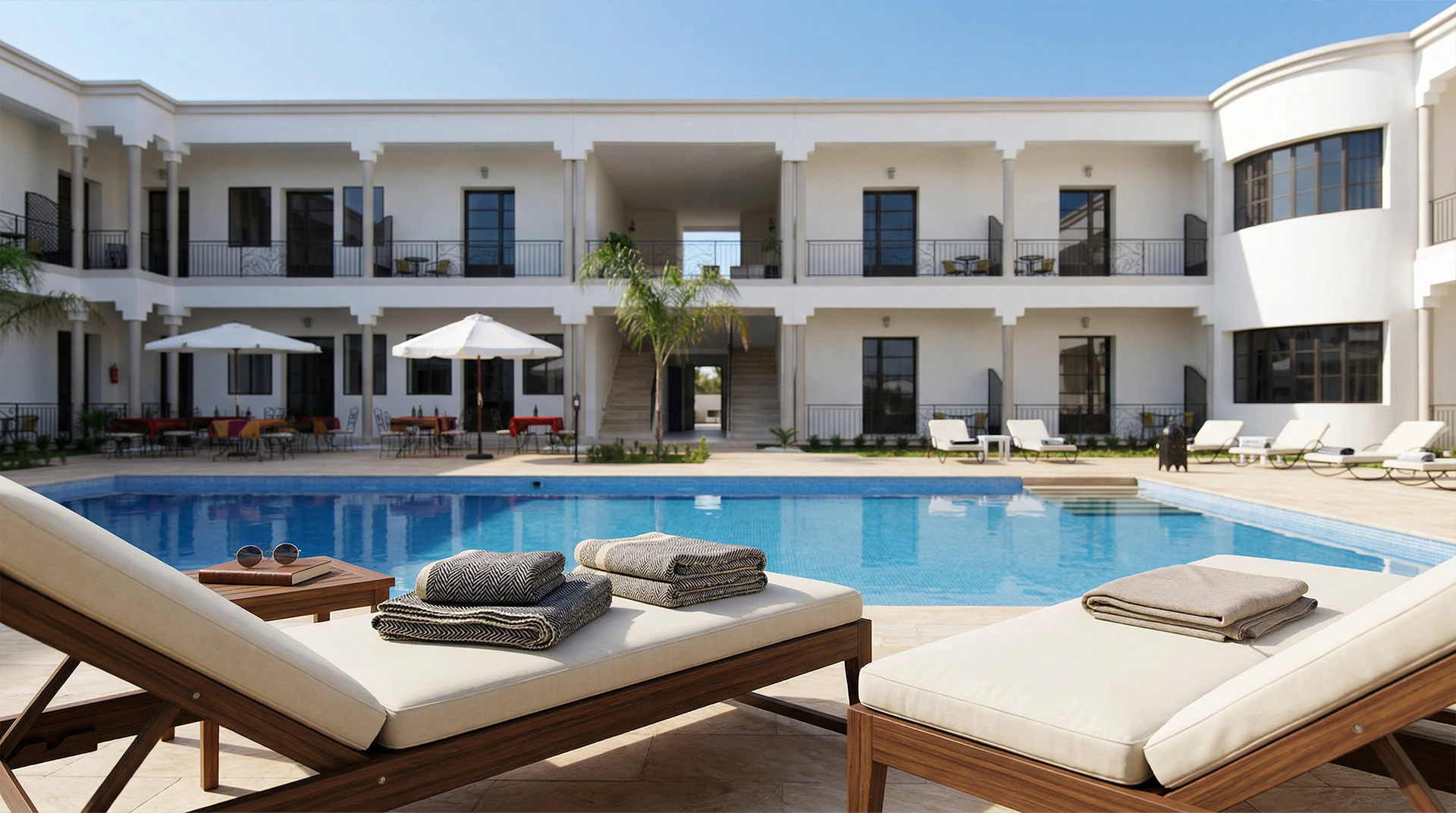 Terrasse avec transats face à la piscine de la Villa Agapanthe maison d’hôtes à Fès Maroc