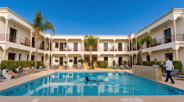 Piscine de la Villa Agapanthe à Fès, clients sur les transats
