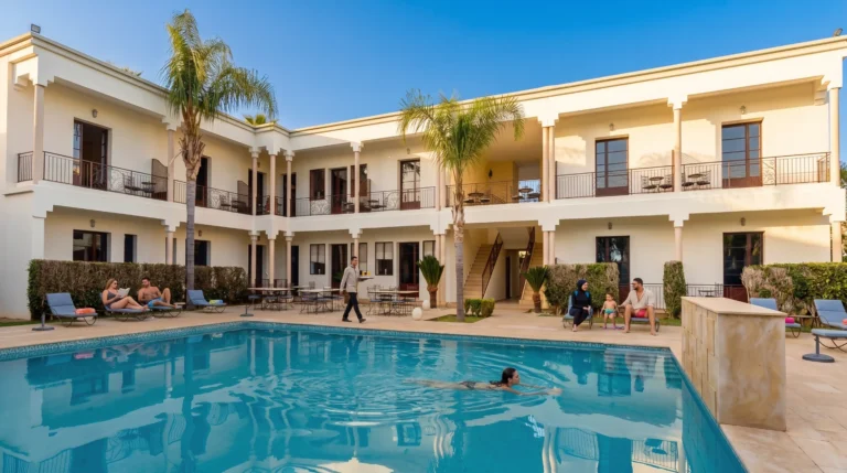 Piscine de la Villa Agapanthe à Fès, clients sur les transats