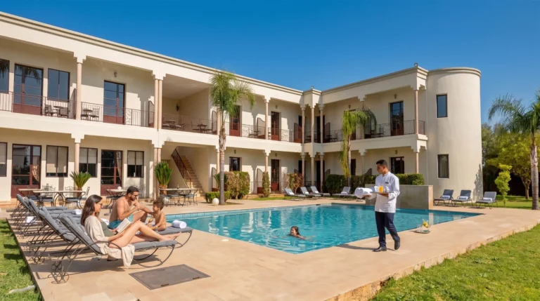 Piscine de la Villa Agapanthe à Fès, clients sur les transats